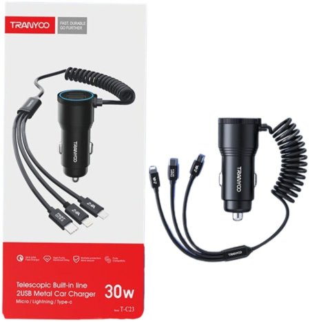 TRANYOO Car charger T-C23 Metal 2 USB 31 cable 30W <br> <span class='text-color-warm'>سيتوفر قريباً</span>